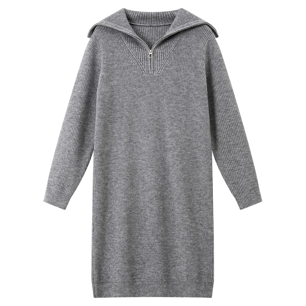 Half-Zip Collared Knit Midi Dress