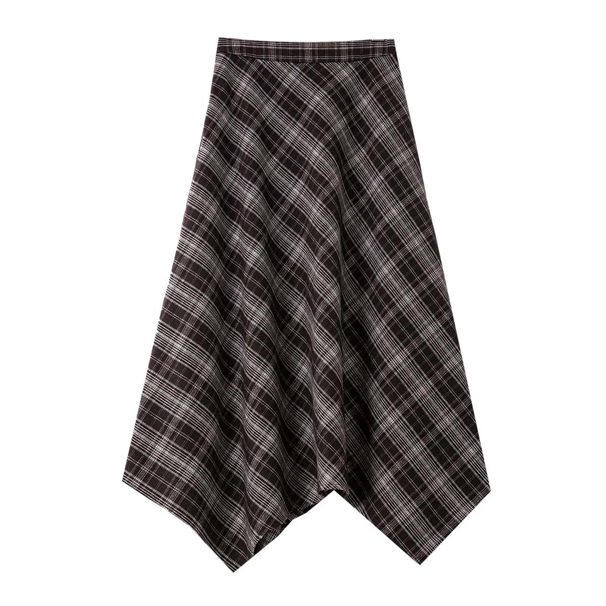 Handkerchief-Hem Plaid Midi Skirt