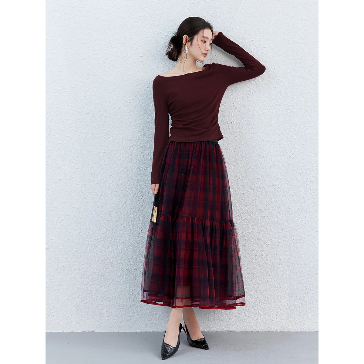 Red Plaid Mesh Tiered Midi Skirt