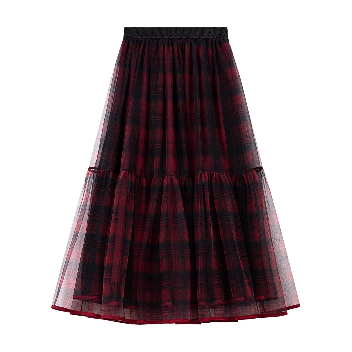 Plaid Mesh Tiered Midi Skirt