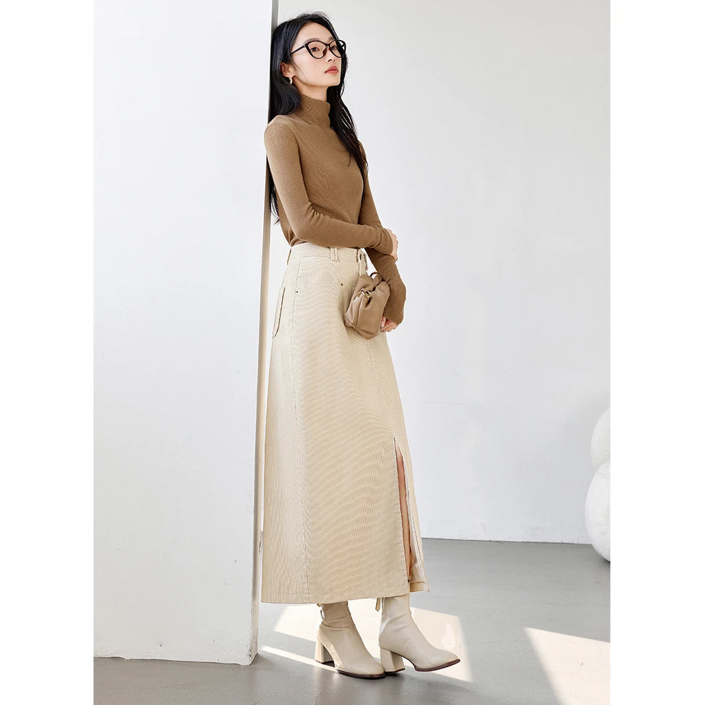 Straight Front-Slit Midi Skirt