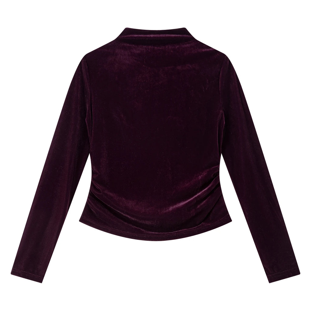 Velvet Ruched Mock-Neck Long-Sleeve Top