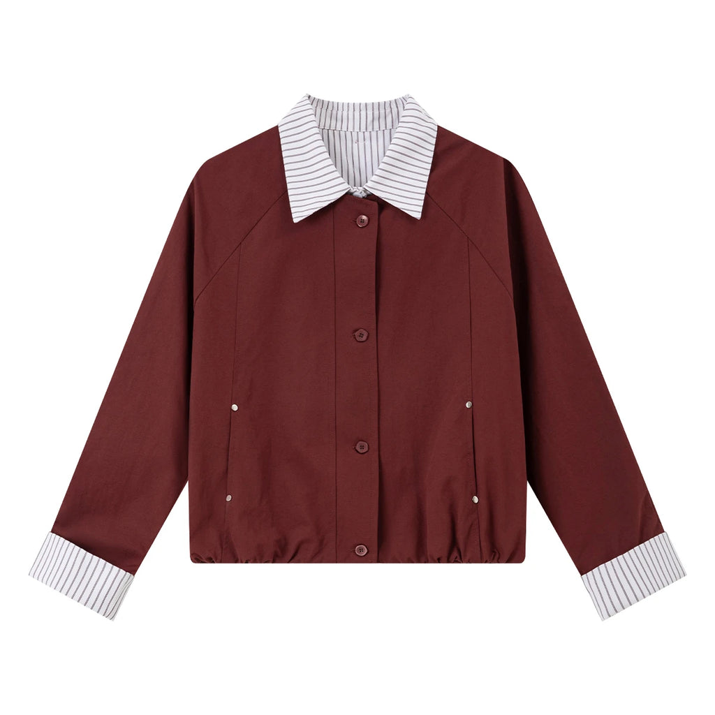 Contrast-Cuff Collared Cropped Jacket