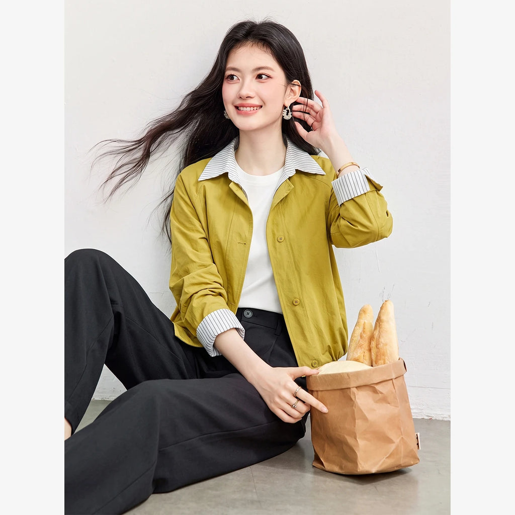 Contrast-Cuff Collared Cropped Jacket
