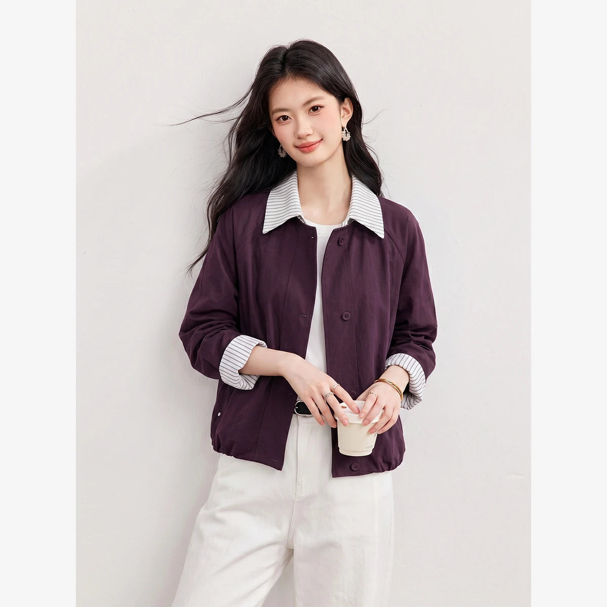 Contrast-Cuff Collared Cropped Jacket